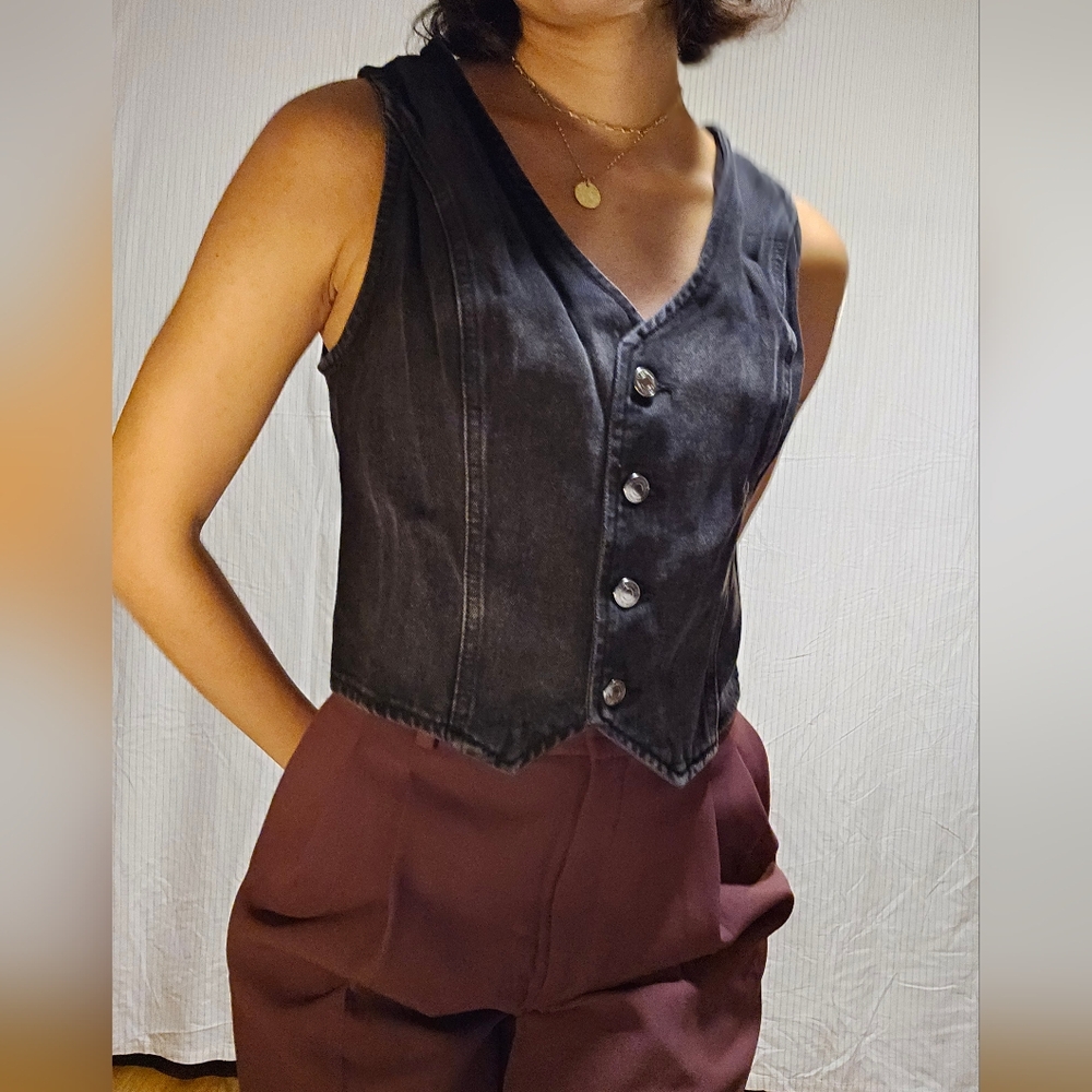 Black Denim Button-Up Vest